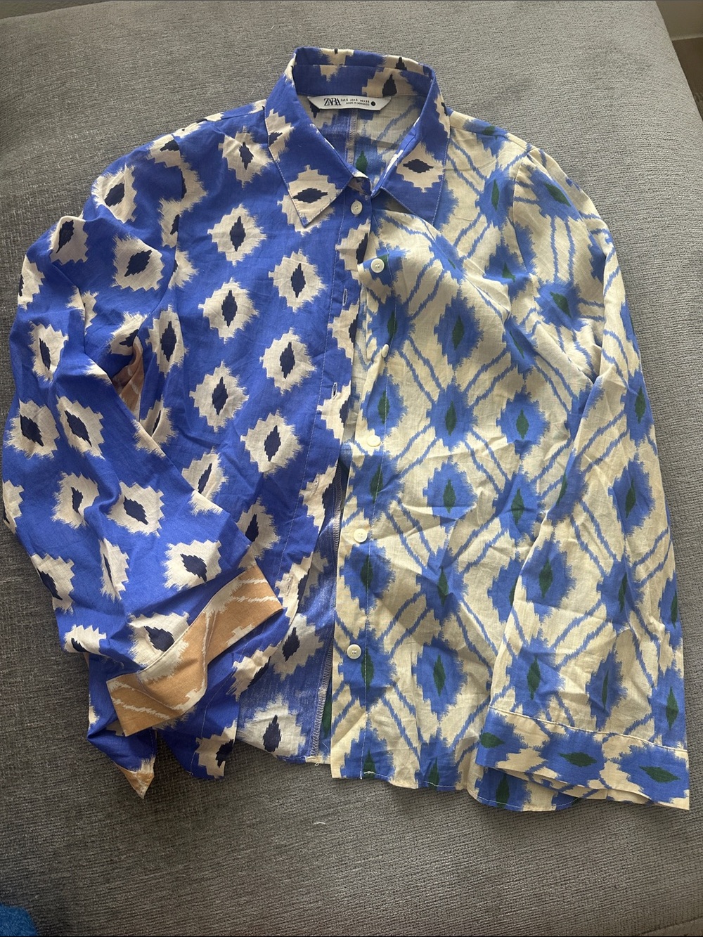 Zara Blue Cream & Green Patterned Top